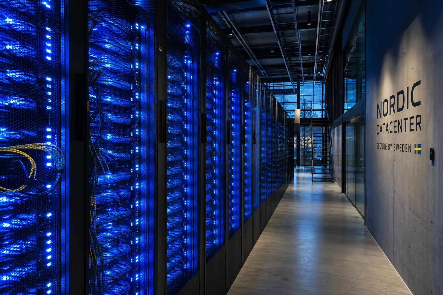 Datacenter med blå LED-belysning och servrar