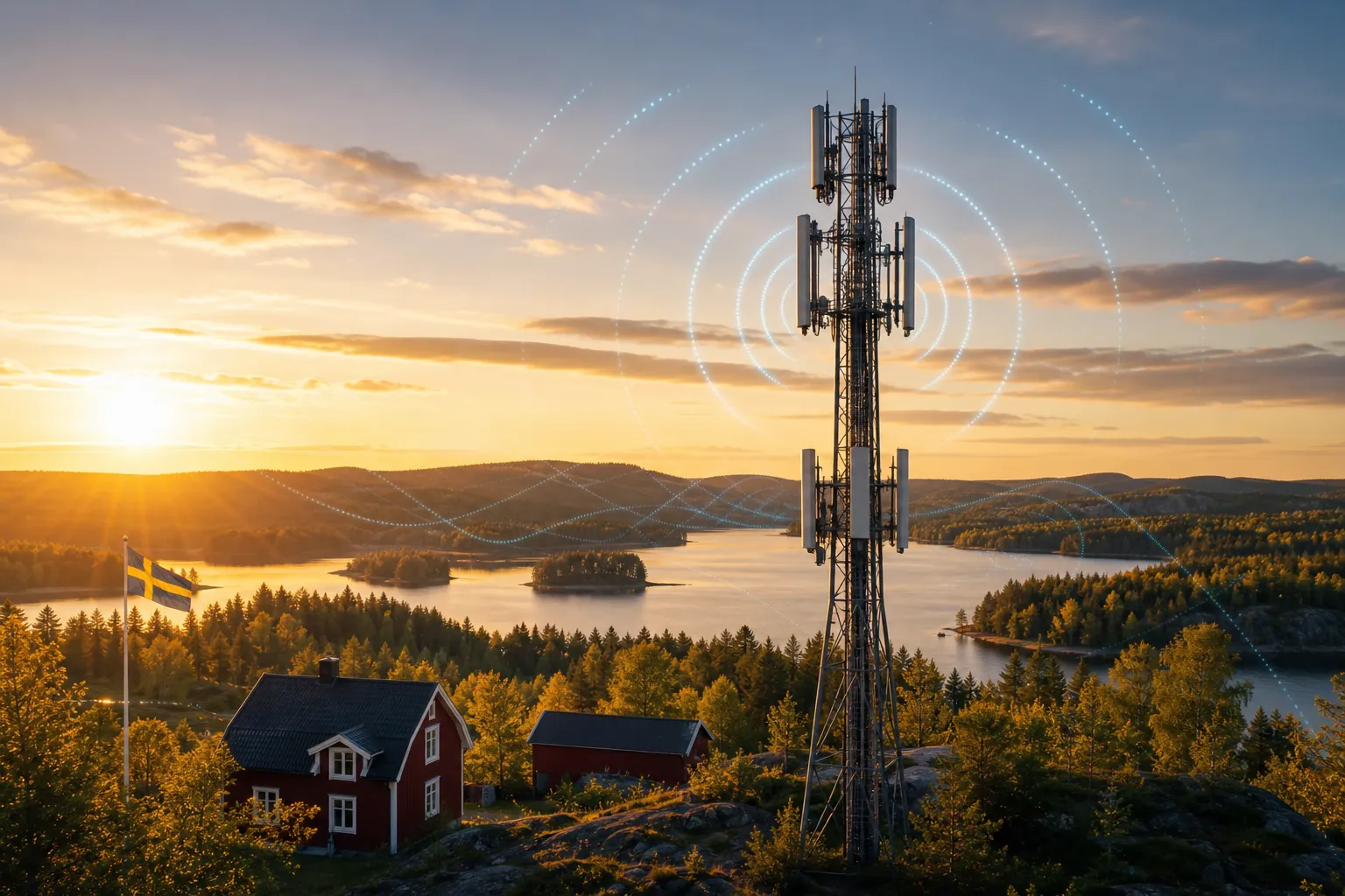 4G/5G-mast i svensk natur vid gyllene timmen