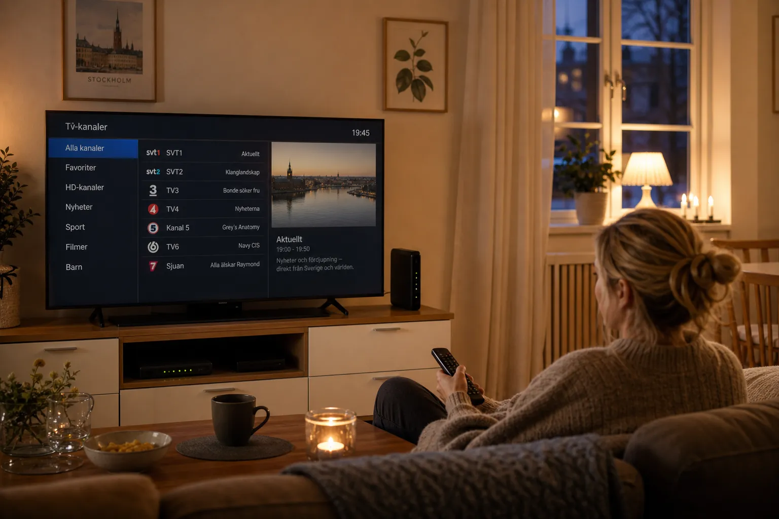 TV och bredbandsrouter i mysigt svenska vardagsrum