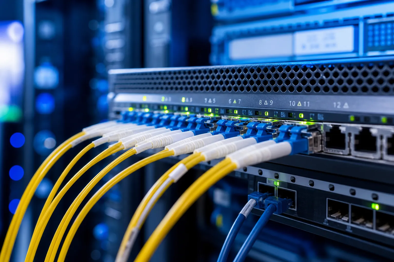 Nätverksswitch med fiberpatchkablar i datacenter
