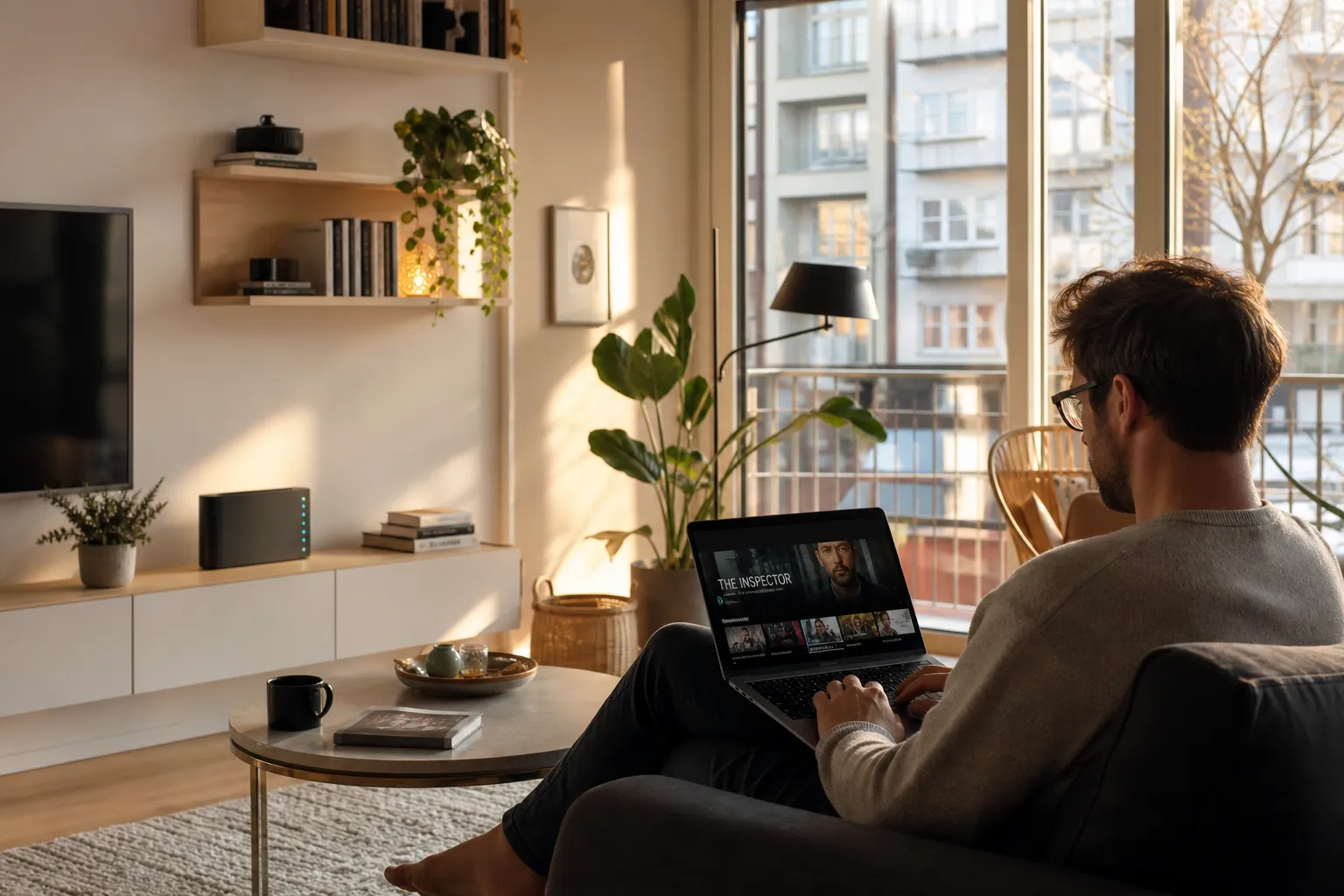 Modernt svenskt vardagsrum med router och laptop