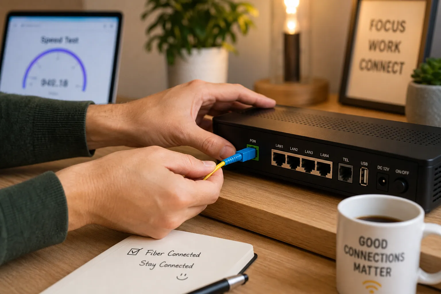 Händer som kopplar in fiberkabel i router hemma