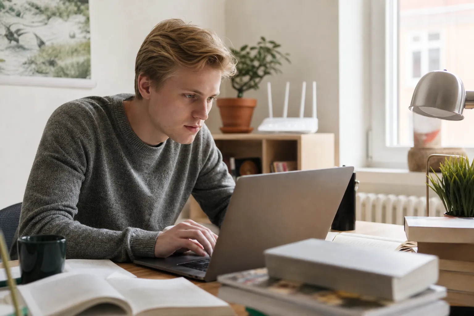 Student med laptop i studentlägenhet