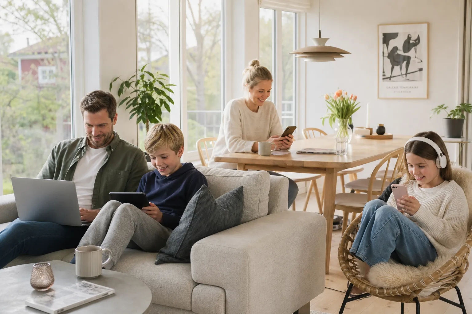 Familj i ljust svenskt hem med flera enheter anslutna